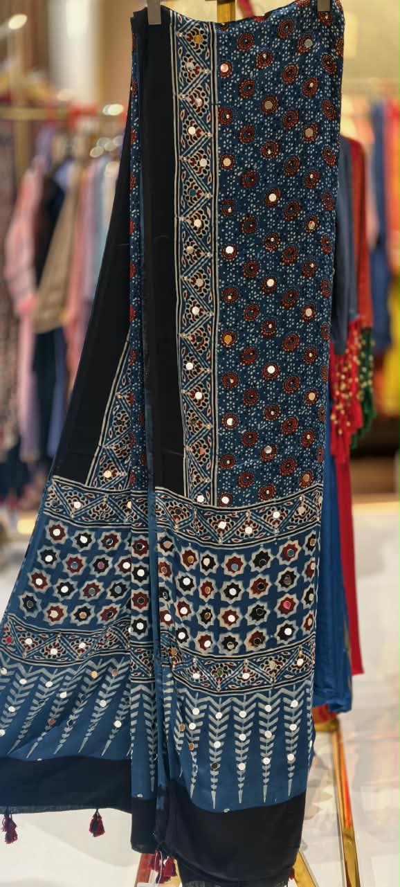 Ajrak Print Dupatta Mural Satin Fabric With Stick on Real Mirror Work- 16398