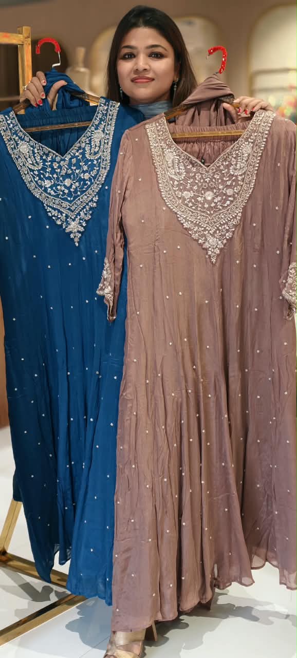 Pure Chinon Fine Embroidery Scattered Motifs Panel Anarkali Full Suit Set With Dupatta- 16568