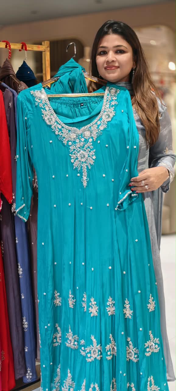 Premium Chinon Anarkali Suit Set with Dupatta & Embellished Neckline In Turquoise Shade-13848