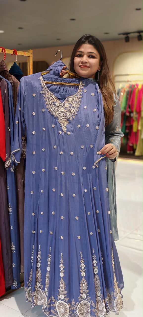 Premium Pastel Intricate Sequin Work Long Length Chinon Anarkali Full Suit Set with Dupatta- 16666