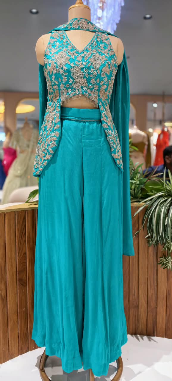 Embroidered Designer Sleeveless Crop Top And Chowker Dupatta with Palazzo Set 16750