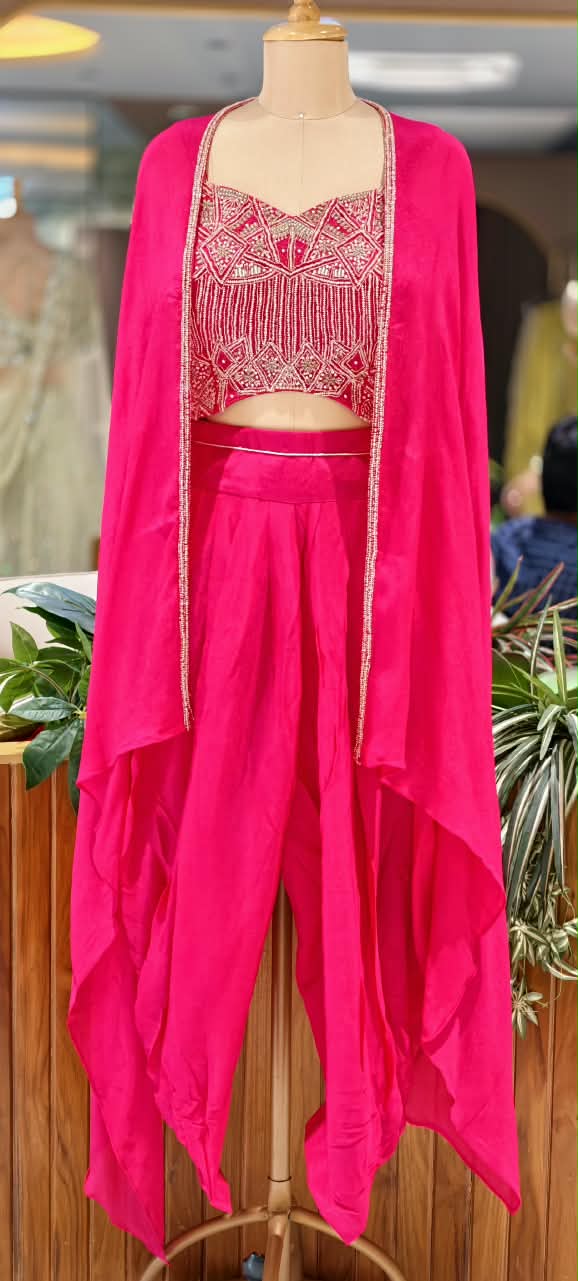 Designer Embroidered Crop Top with Dhoti Pants & Flowing Cape Set-16751