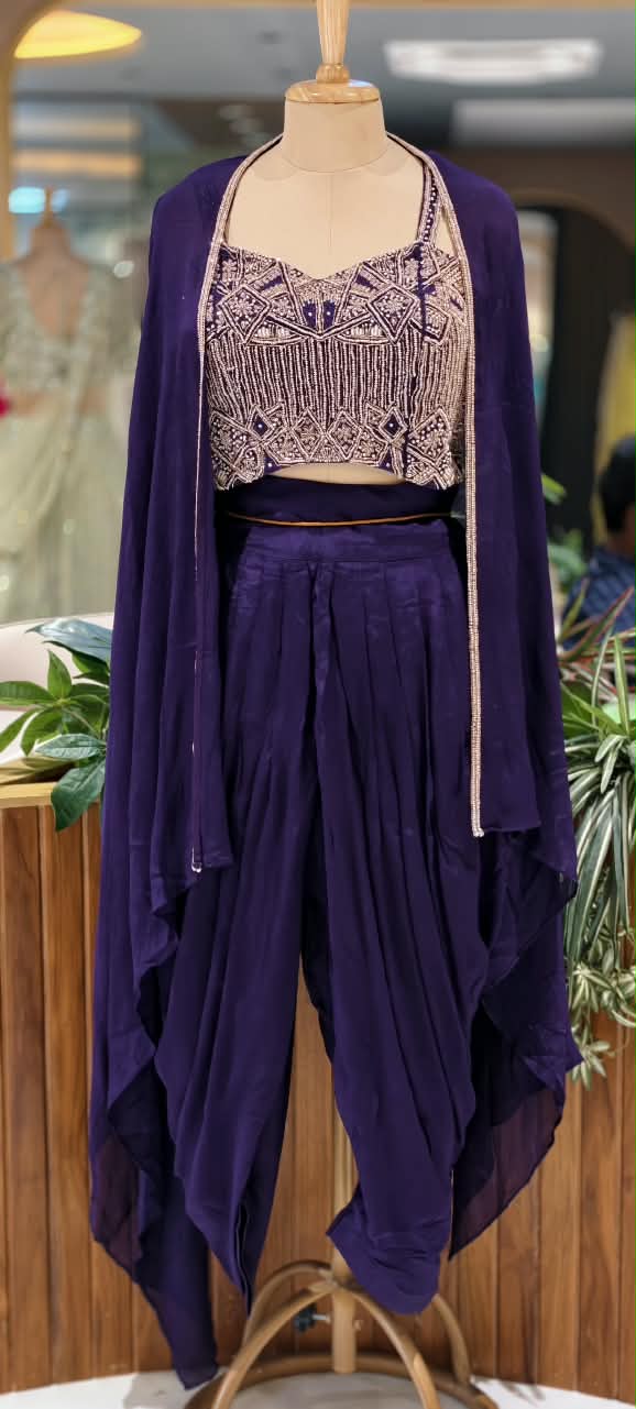 Designer Embroidered Crop Top with Dhoti Pants & Flowing Cape Set-16751