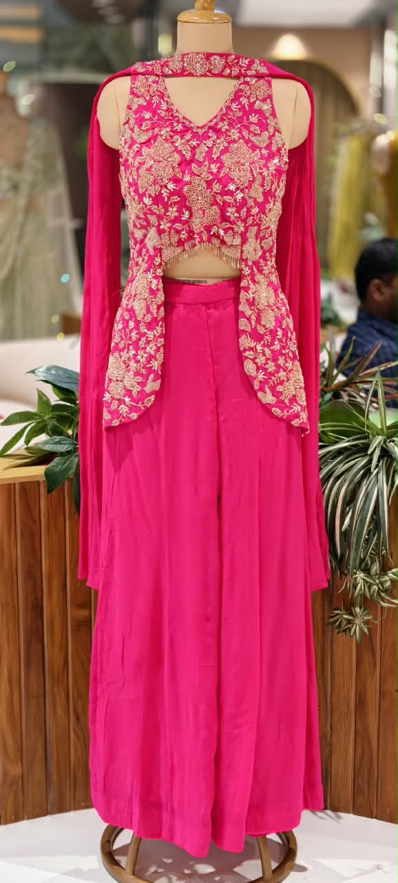 Embroidered Designer Sleeveless Crop Top And Chowker Dupatta with Palazzo Set 16750