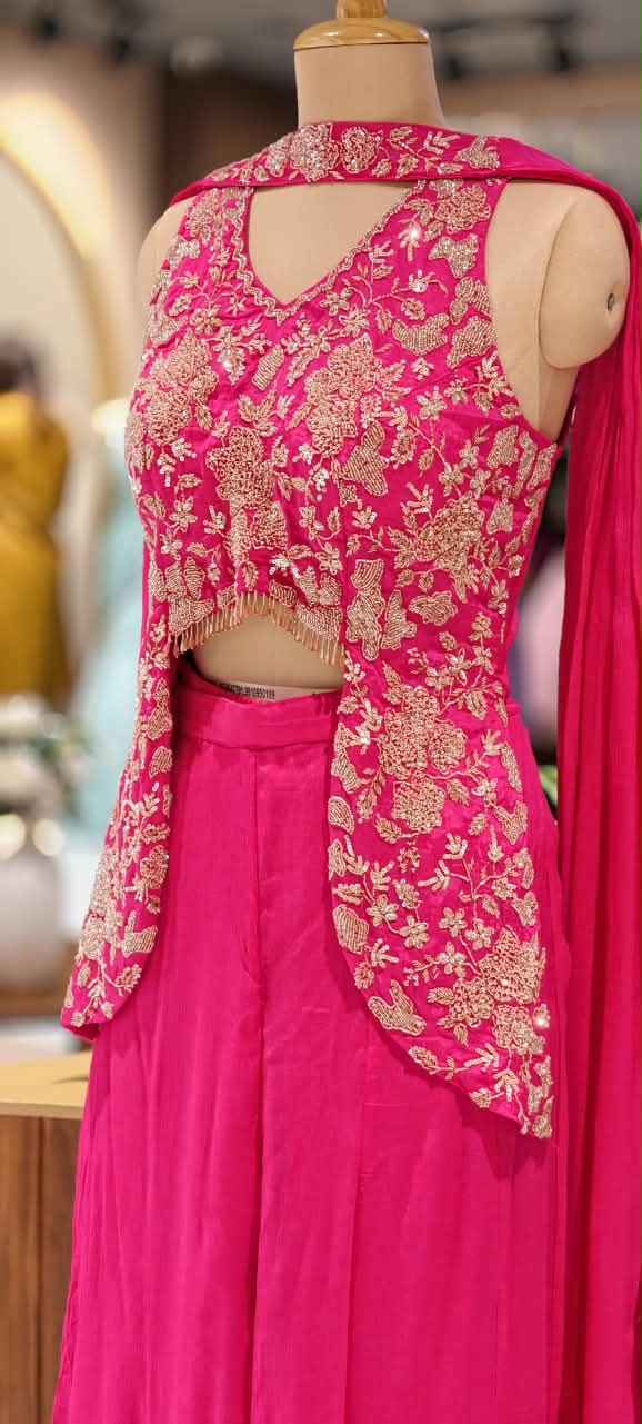 Embroidered Designer Sleeveless Crop Top And Chowker Dupatta with Palazzo Set 16750