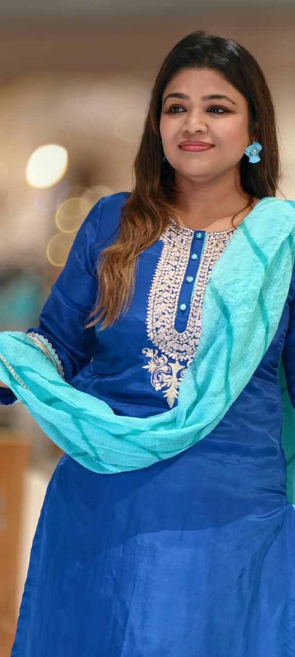 Dual Blue Shade With Rich Golden Embroidery Russian Silk Kurta Set With Kota Doria Leheriya Skirt Bottom & Dupatta- 16754