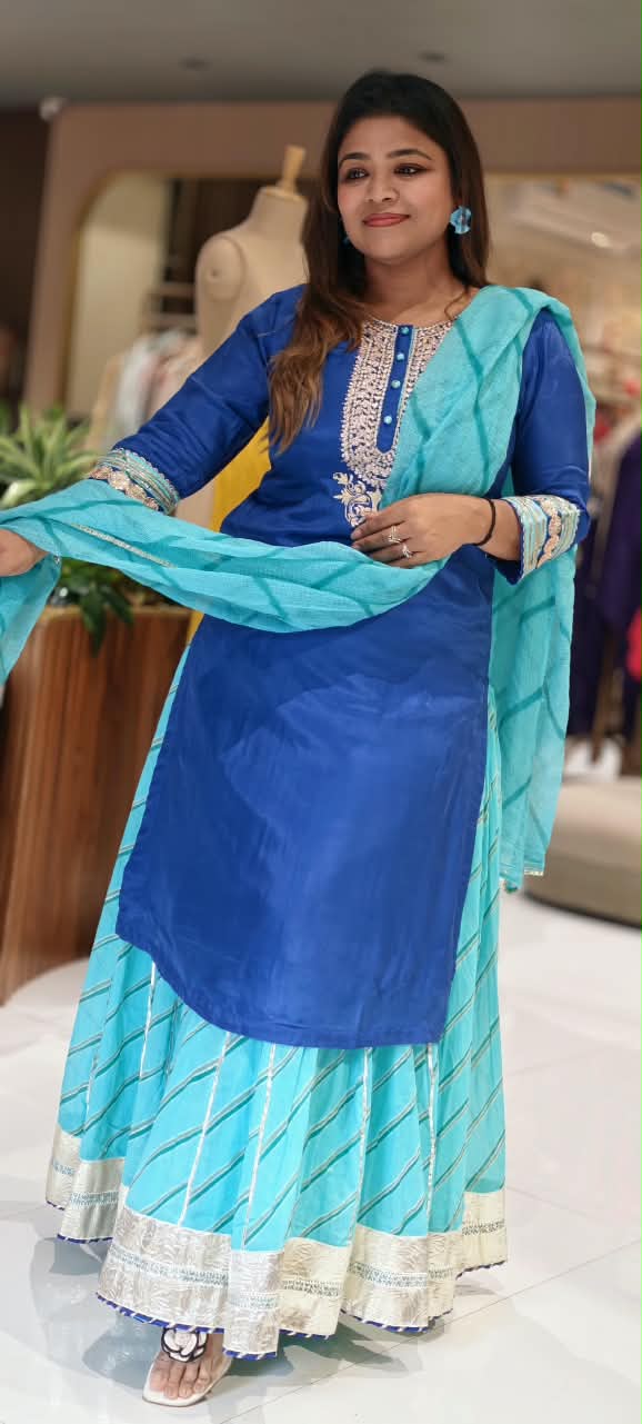 Dual Blue Shade With Rich Golden Embroidery Russian Silk Kurta Set With Kota Doria Leheriya Skirt Bottom & Dupatta- 16754