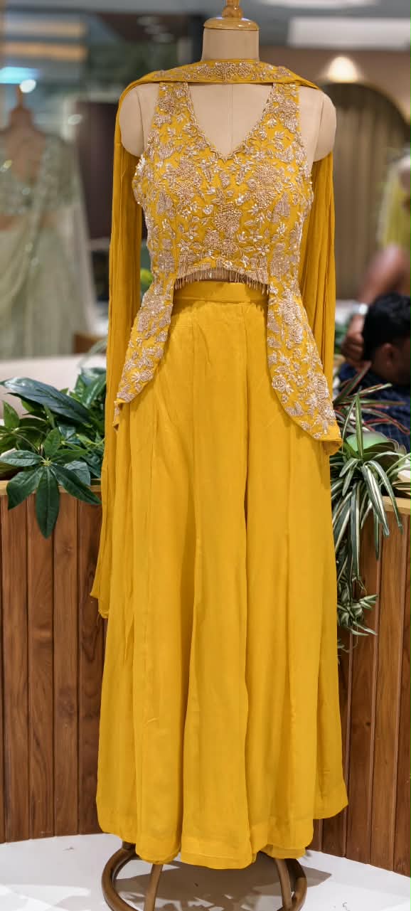 Embroidered Designer Sleeveless Crop Top And Chowker Dupatta with Palazzo Set 16750