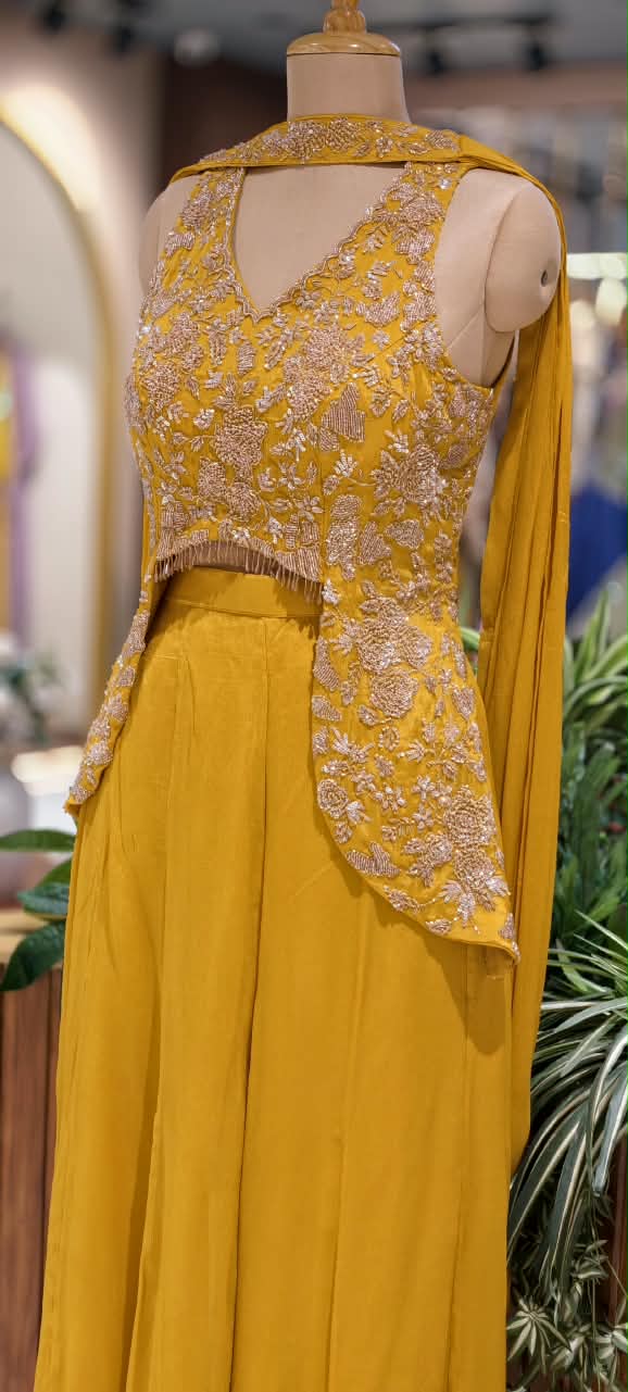 Embroidered Designer Sleeveless Crop Top And Chowker Dupatta with Palazzo Set 16750