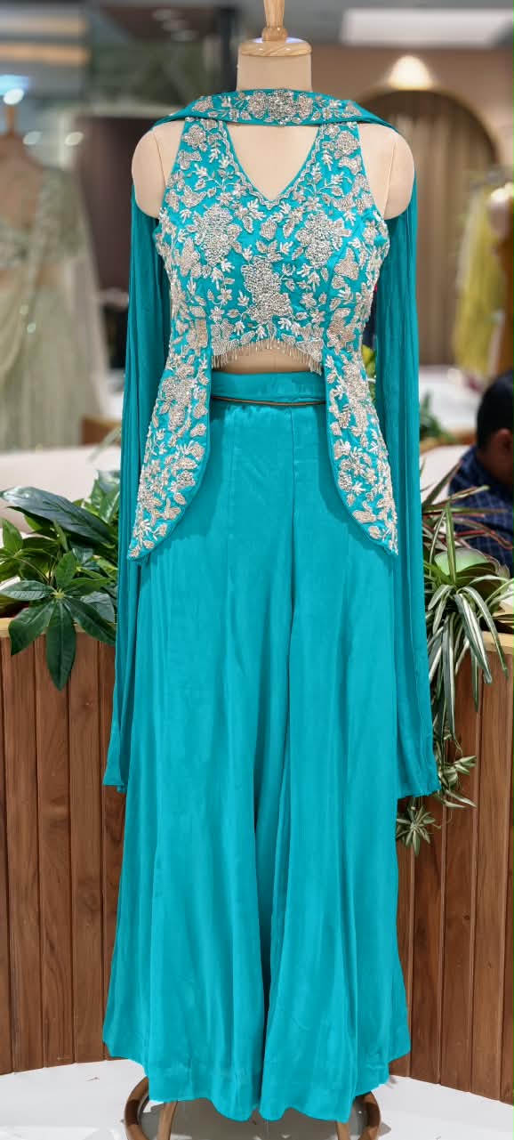 Embroidered Designer Sleeveless Crop Top And Chowker Dupatta with Palazzo Set 16750