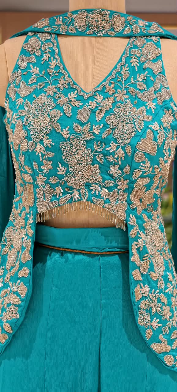 Embroidered Designer Sleeveless Crop Top And Chowker Dupatta with Palazzo Set 16750