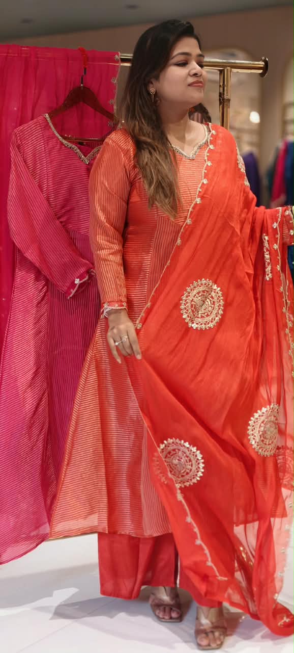 Highlighted Golden Stripe Touch Real Mirror Neckline Tissue A-Line Full Suit Set With Dupatta- 16761