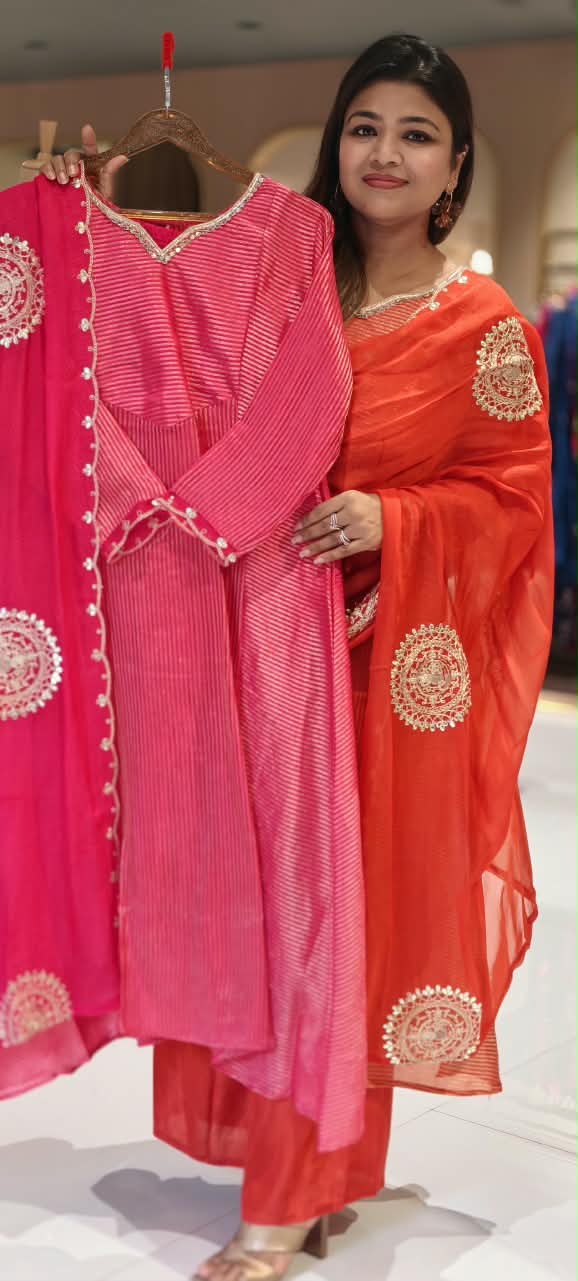 Highlighted Golden Stripe Touch Real Mirror Neckline Tissue A-Line Full Suit Set With Dupatta- 16761