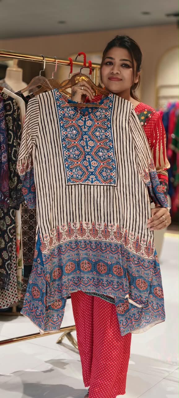 Stripe Elegance Blue Prints Flowy Crepe Co-Ord Set- 15239
