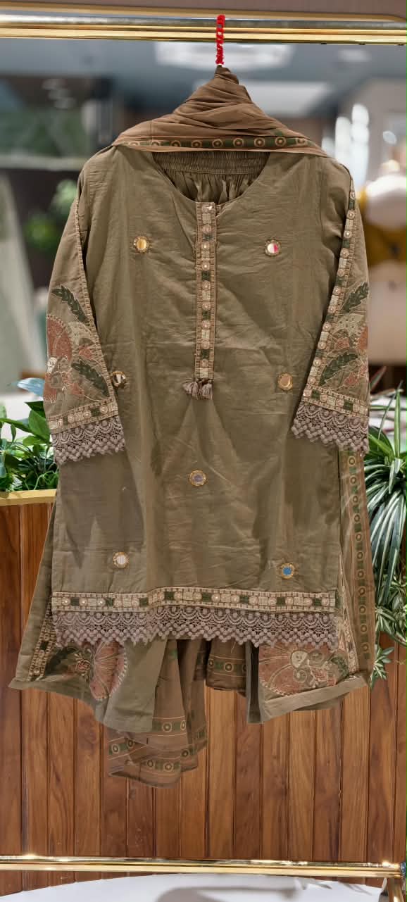 Taupe Cotton Short Length Kurta Full Suit Set with Lace Detailing & Mirror Work- 16791