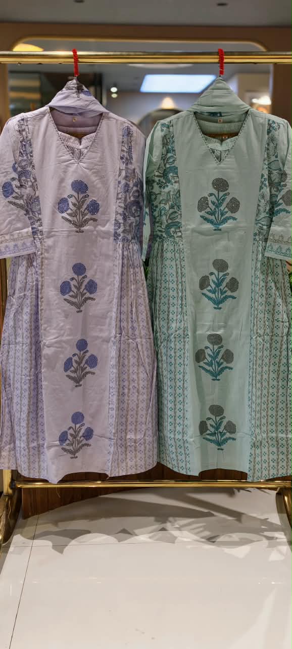 V-Neck Premium Cotton Floral Print Side Frills A-line Full Suit Set with Dupatta- 16792