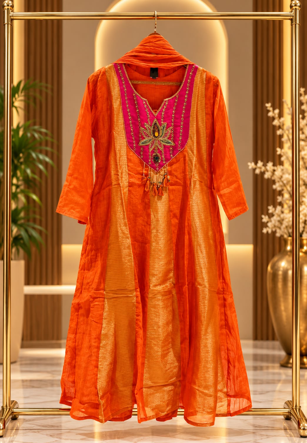 Vibrant Rust Orange Mul-Chanderi Tissue Aline Full Suit Set with Embroidered Yoke- 16778