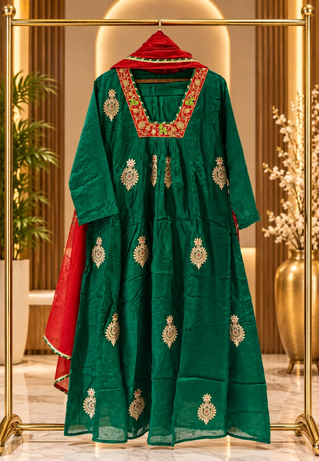Morni Rich Zardosi Embroidery Work Festive Chic Banarasi Mul-Chanderi A-Line Full Suit Set With Dupatta- 16782