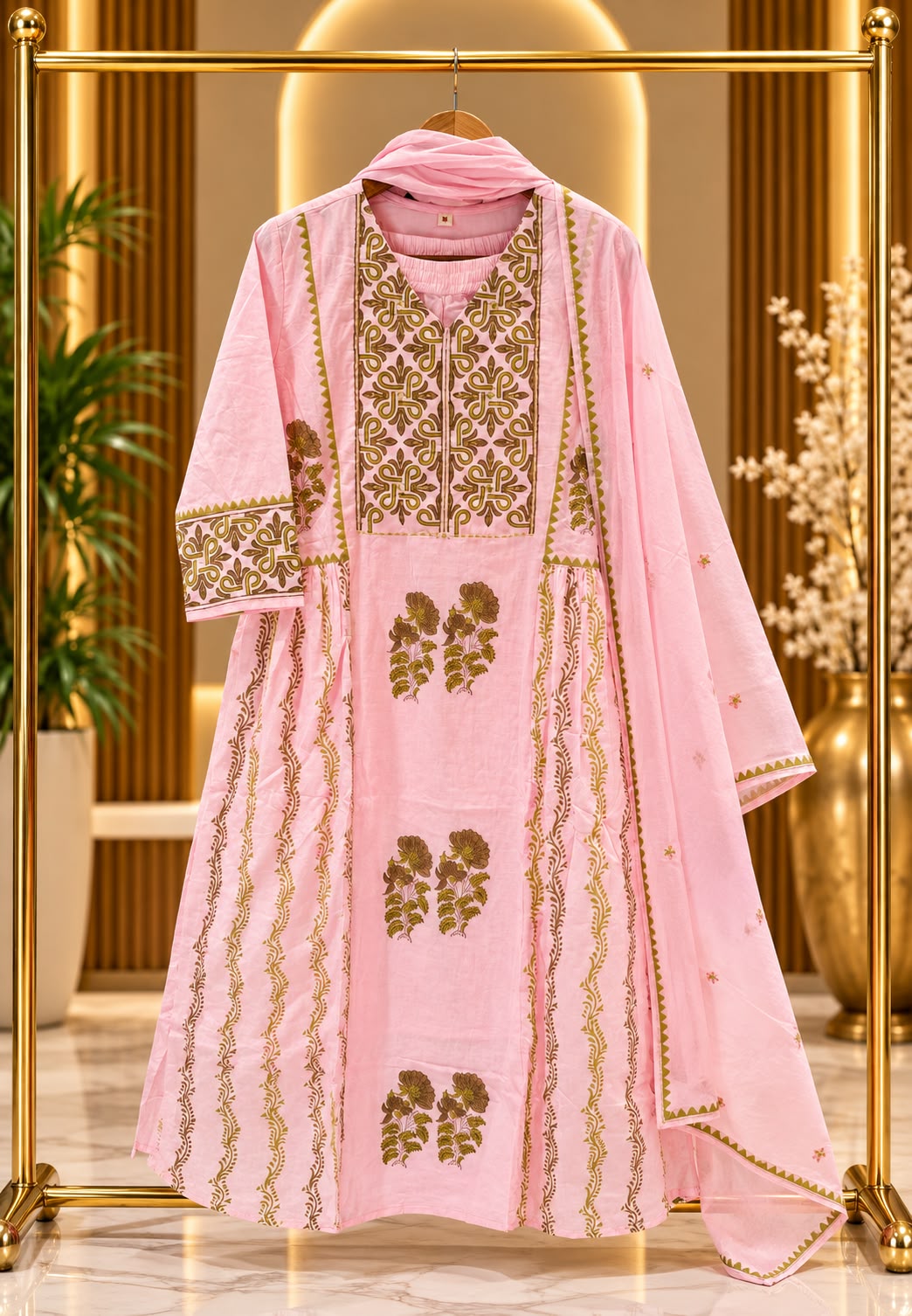 Aline Pastel Pink Cotton Block Printed Full Suit Set with Olive Green Floral Motifs- 16793