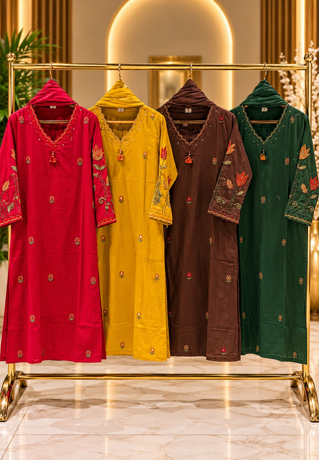 Cotton Full Suit Set with Floral Embroidery V-Neck Detailing & Tassel Accent- 16788