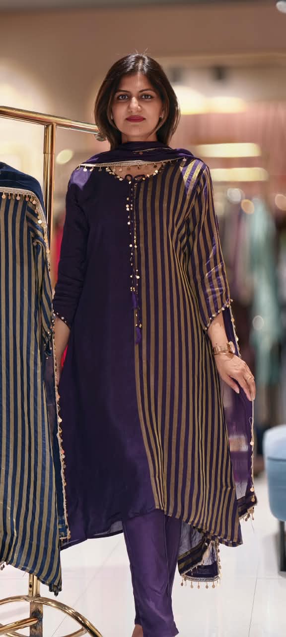 Russian Silk With Tissue Stripes Coin & Ghungroo Dangle Accent A-Line Full Suit Set With Dupatta- 16827