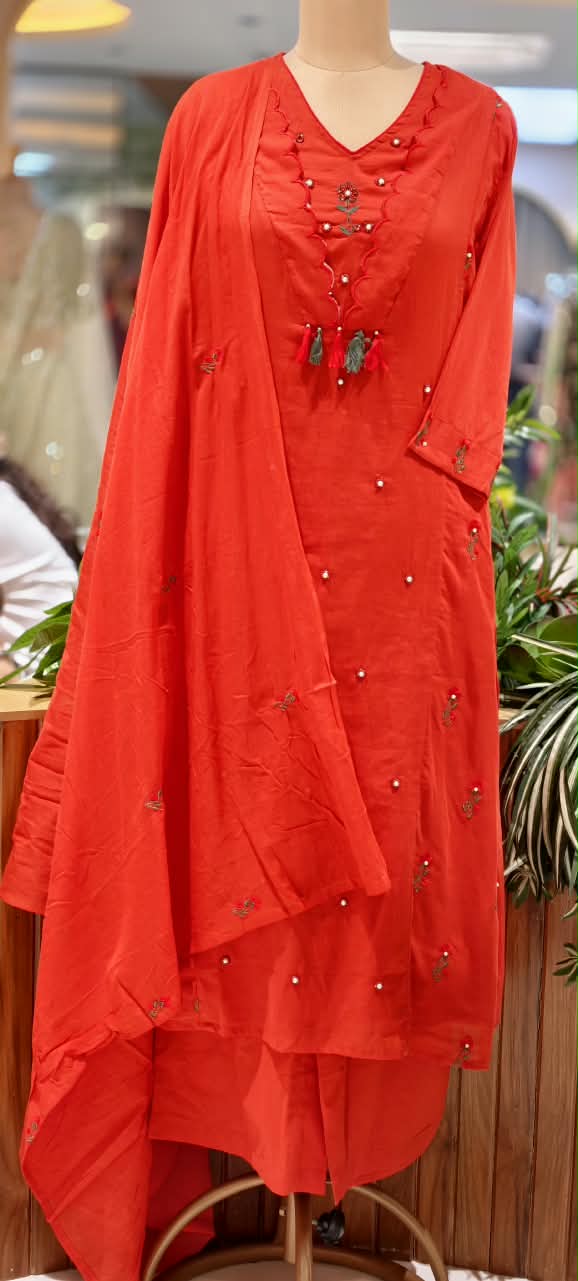 Cut-Work Unique Neck Style Scattered Floral Embroidery Cotton Full Suit Set With Dupatta- 16815