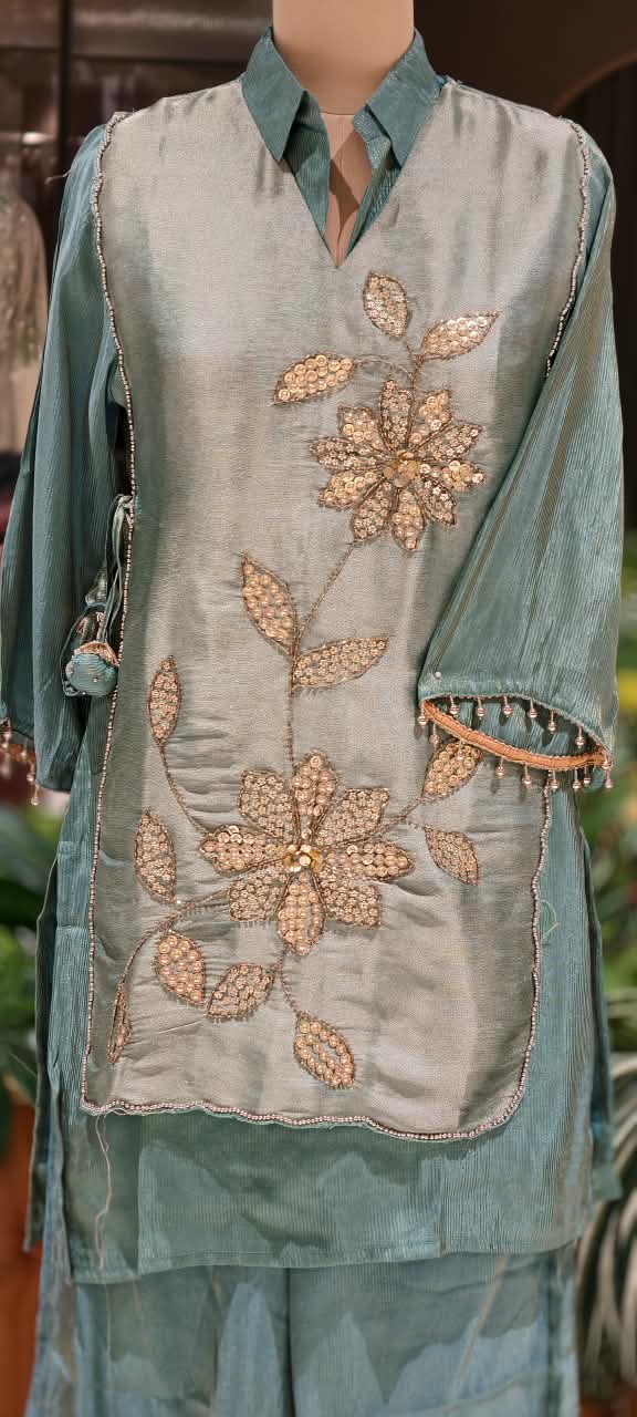 Tissue Fabric Embroidered Flap on Top Collar Style Co-Ord Set- 16764