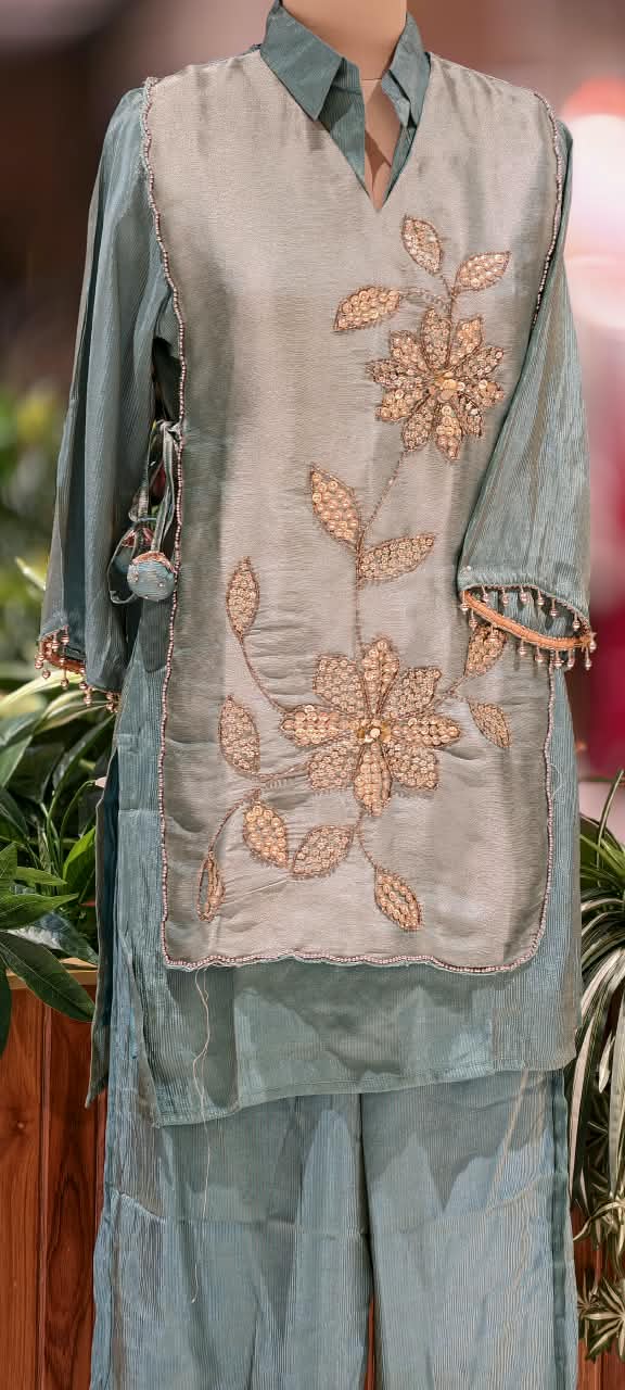 Tissue Fabric Embroidered Flap on Top Collar Style Co-Ord Set- 16764