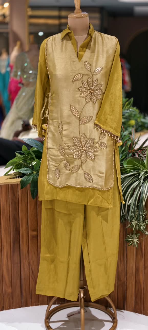 Tissue Fabric Embroidered Flap on Top Collar Style Co-Ord Set- 16764