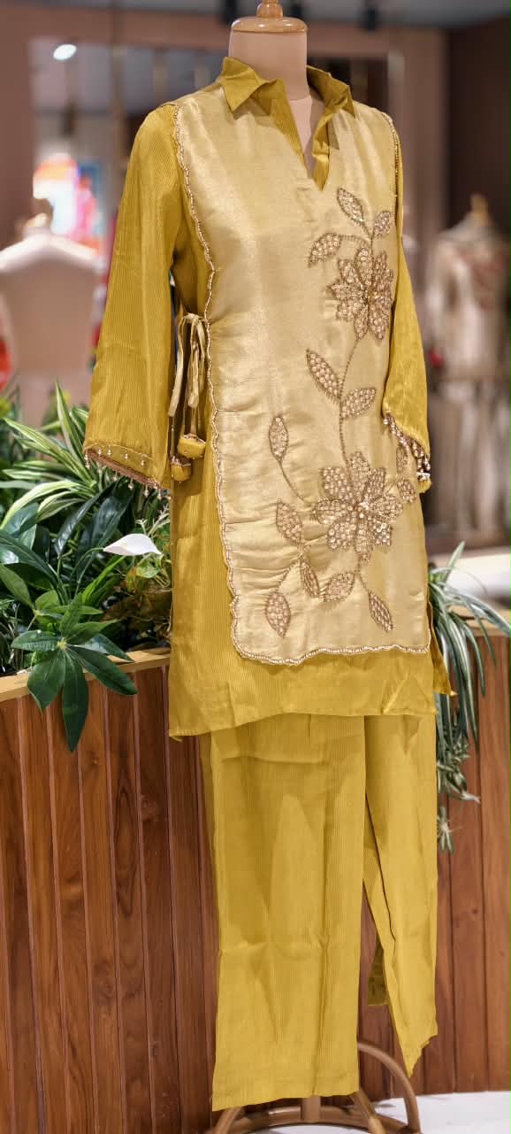 Tissue Fabric Embroidered Flap on Top Collar Style Co-Ord Set- 16764