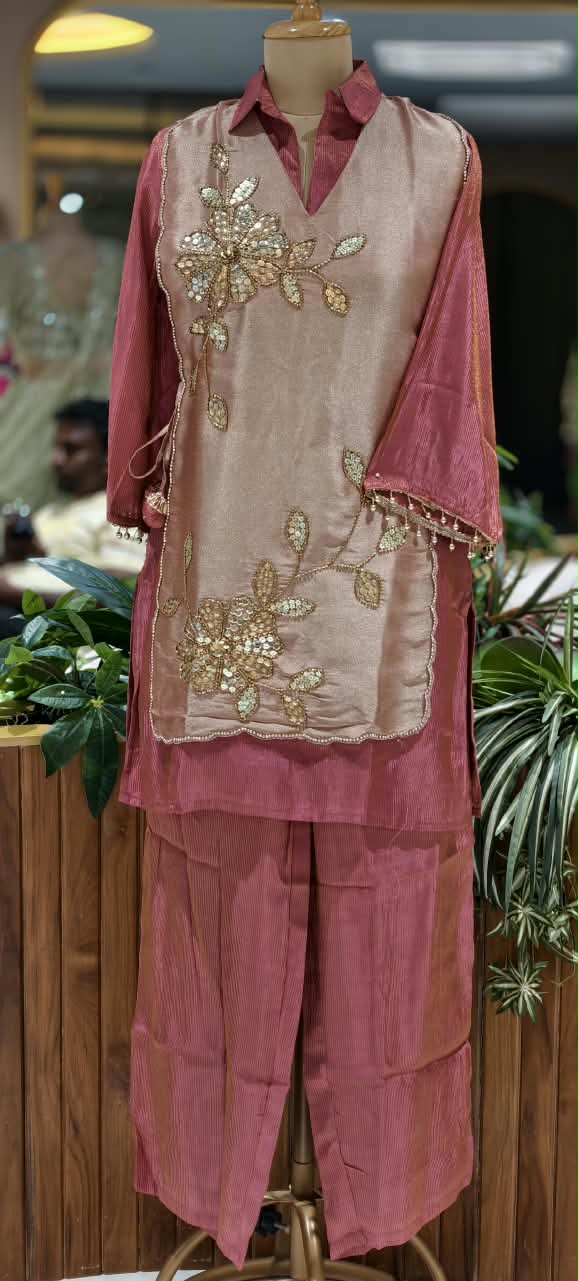 Tissue Fabric Embroidered Flap on Top Collar Style Co-Ord Set- 16764