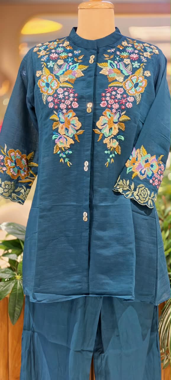 Premium Ruby Red And Blue Floral Embroidered Co-Ord Set with Wide-Leg Pants-16747
