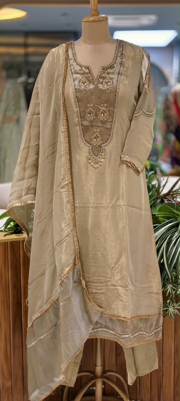Premium Tissue Silk Embroidered Full Suit Set with Intricate Neckline & Lace Detailing 16781