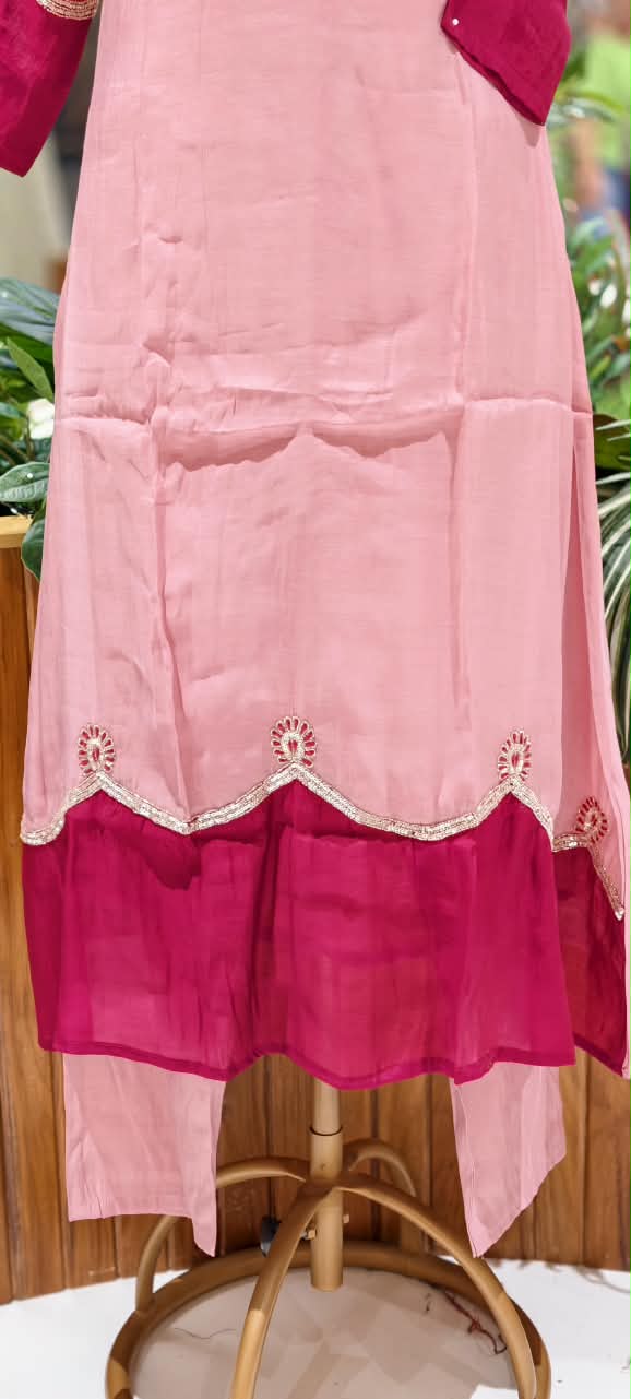 Surat Mulchanderi Solid Shade Contrast embroidered Patch Work Aline Full Suit Set 16772