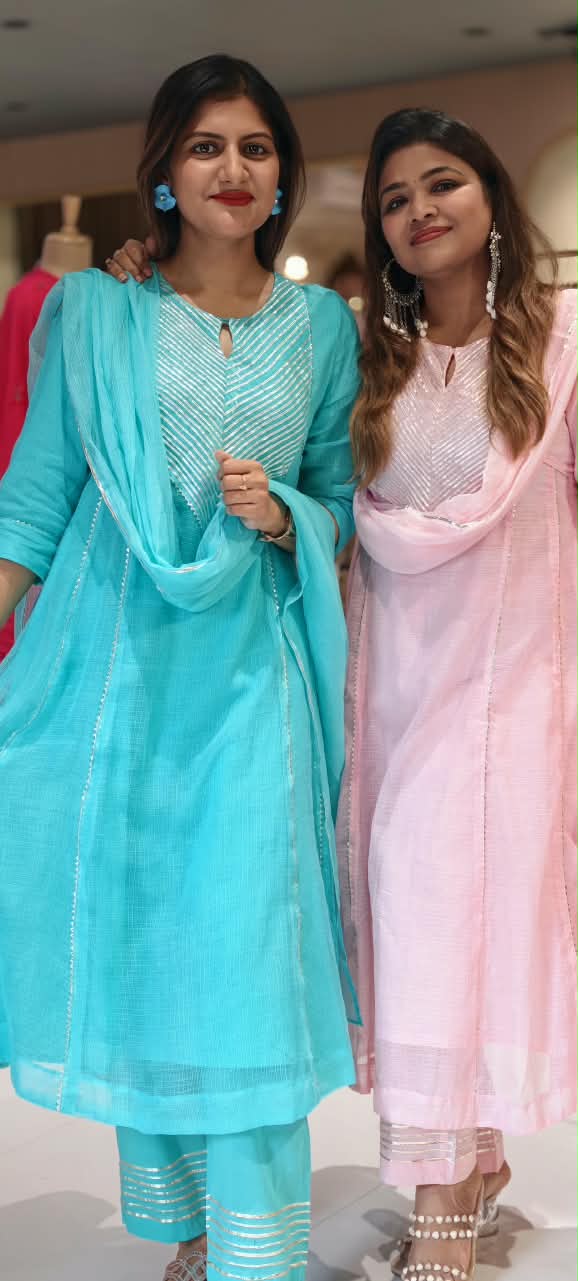 Gotta Patti Stmmetric Yoke Kota Doria Crush A-Line Full Suit Set With Matching Dupatta- 16871