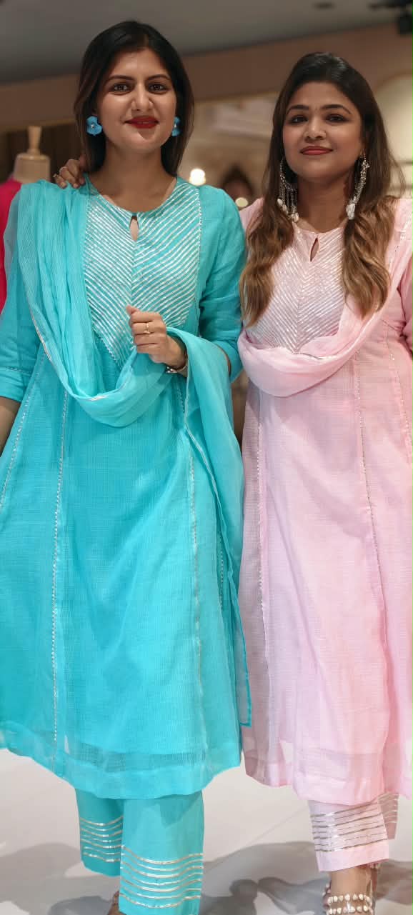Gotta Patti Stmmetric Yoke Kota Doria Crush A-Line Full Suit Set With Matching Dupatta- 16871