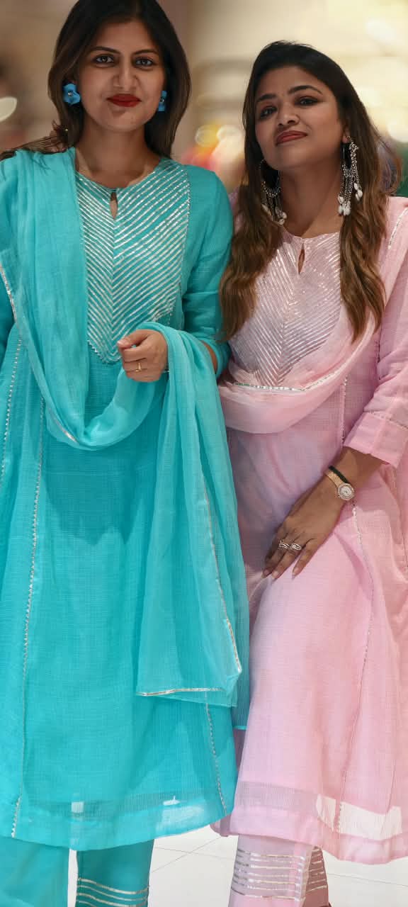 Gotta Patti Stmmetric Yoke Kota Doria Crush A-Line Full Suit Set With Matching Dupatta- 16871