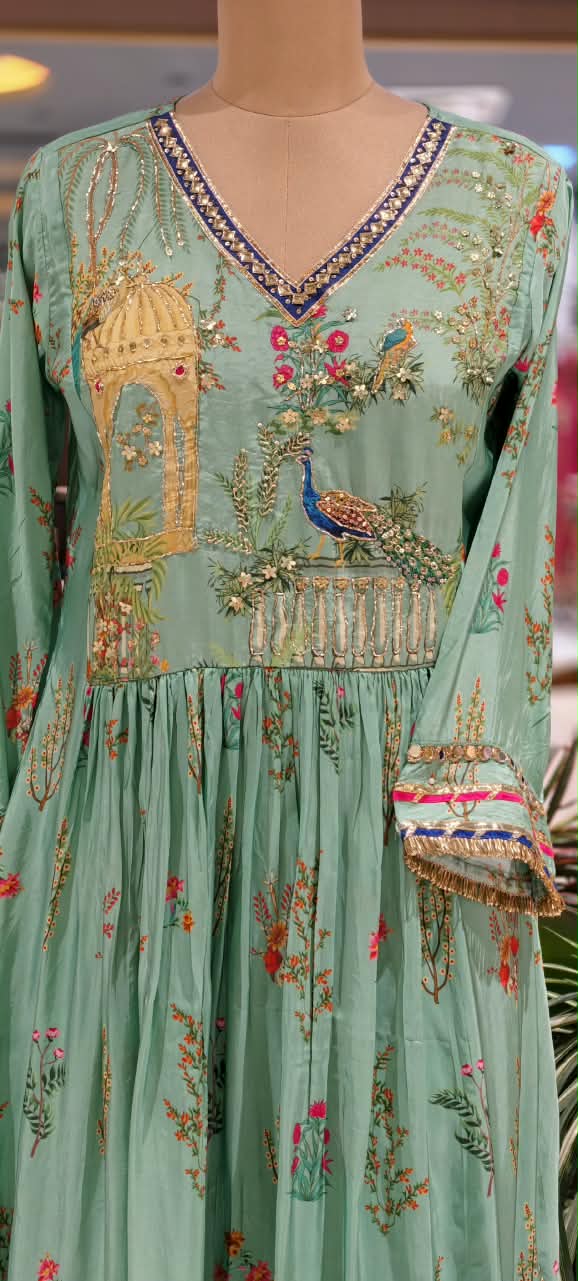 Embroidered Crepe Anarkali Full Suit Set With Dupatta Featuring Floral With Figure Motifs- 16831