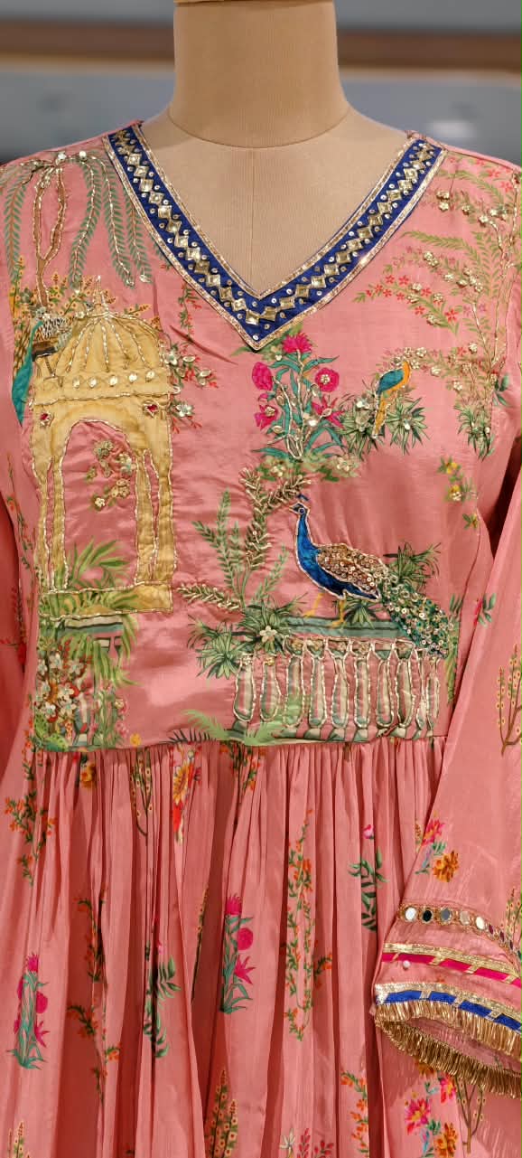 Embroidered Crepe Anarkali Full Suit Set With Dupatta Featuring Floral With Figure Motifs- 16831