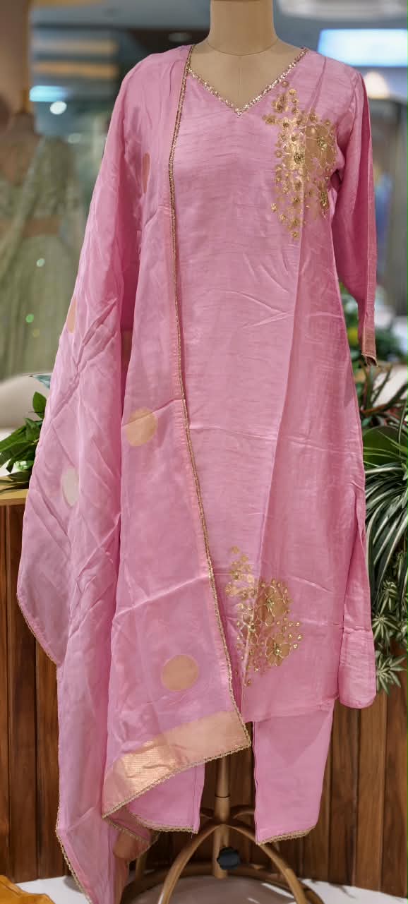 Premium Russian Silk Embroidered Full Suit Set with Floral Zari Work & Matching Dupatta And Bottom- 16722