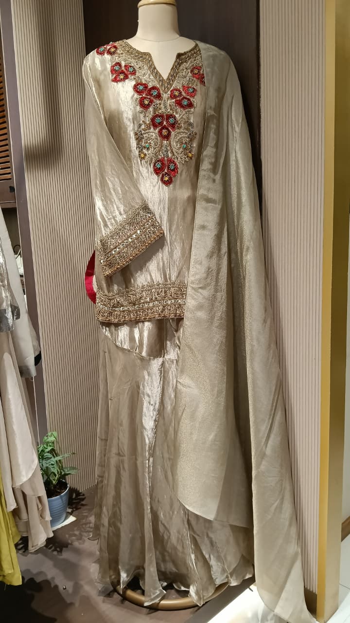 Heavy Highlighted Hand Embroidery Premium Tissue Short Length Kurta With Sharara Bottom & Matching Dupatta- 16253