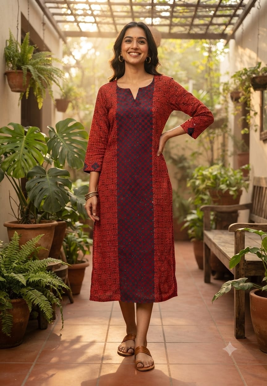 Abstract Geometric Print Gajji Silk Casual Wear Straight Long Kurti- 16644