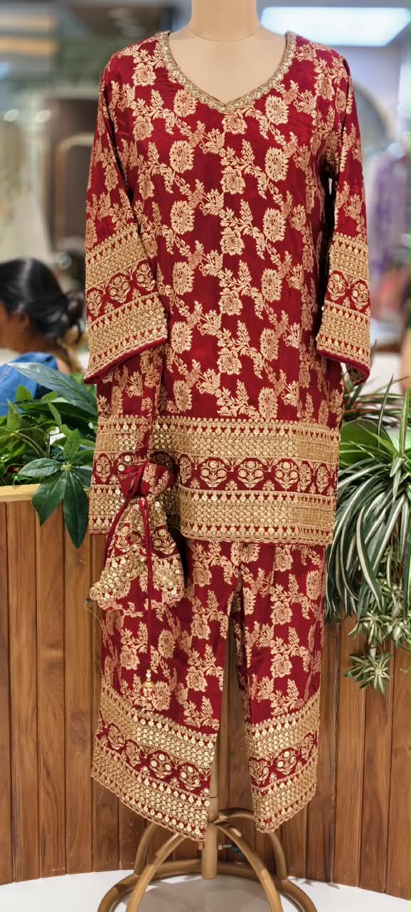 Royal Gold Foil Floral Printed Brocade Kurta Set with Heavily Embroidered Borders, Wide-Leg Palazzo Pants & Matching Potli Bag- 16868