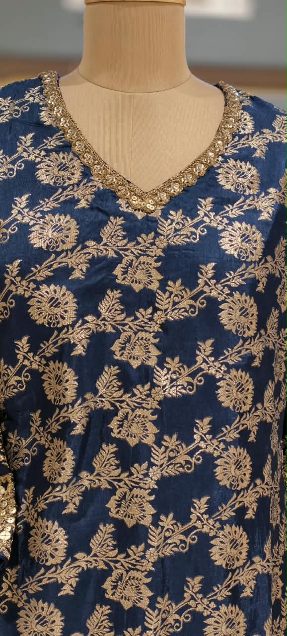 Royal Gold Foil Floral Printed Brocade Kurta Set with Heavily Embroidered Borders, Wide-Leg Palazzo Pants & Matching Potli Bag- 16868