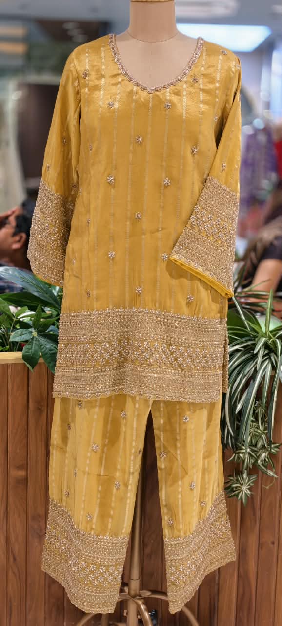 Mustard Yellow Hand-Embroidered Stripe Short Kurta Set with Heavy Zari Border Wide Palazzos & Matching Potli Bag- 16861