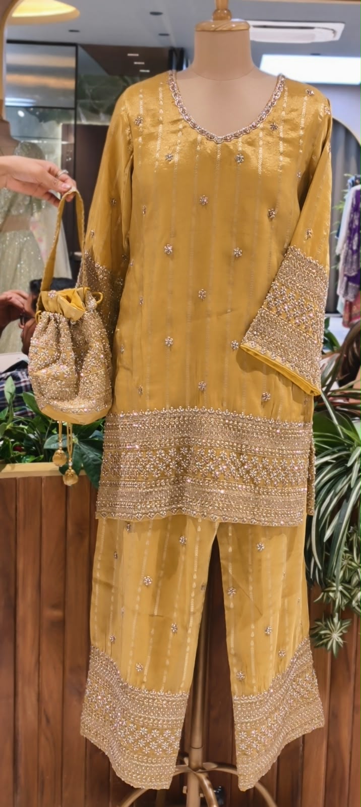 Mustard Yellow Hand-Embroidered Stripe Short Kurta Set with Heavy Zari Border Wide Palazzos & Matching Potli Bag- 16861