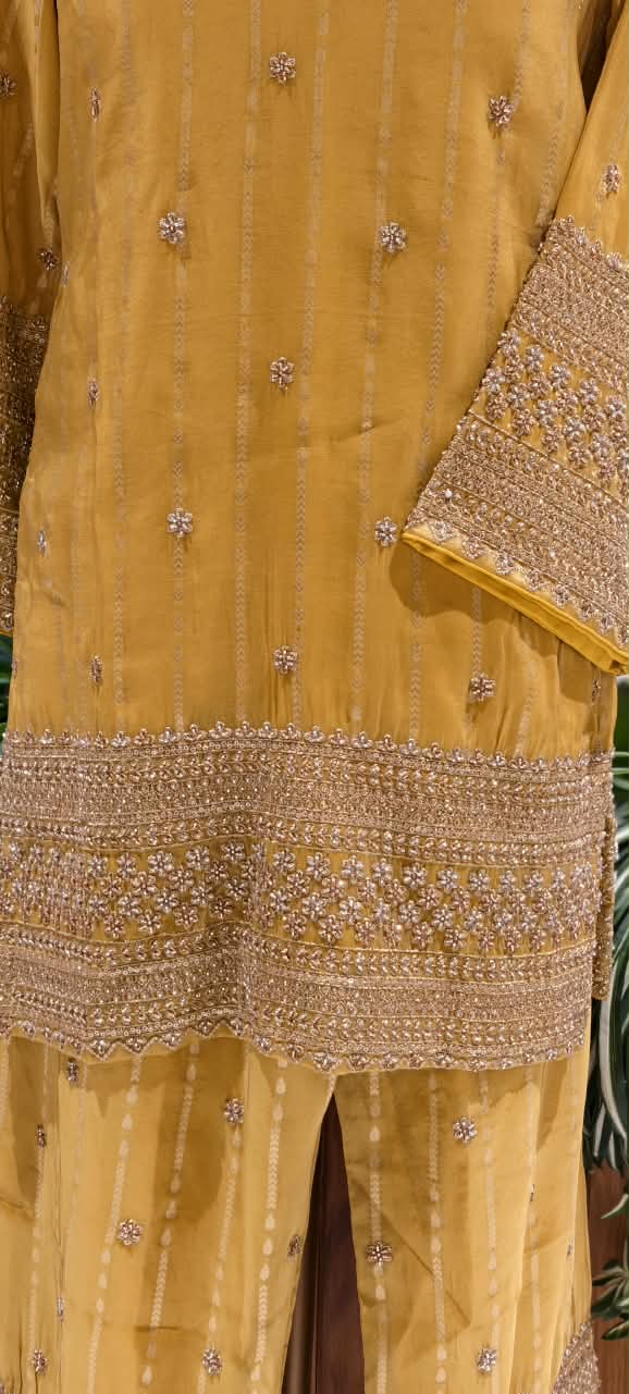 Mustard Yellow Hand-Embroidered Stripe Short Kurta Set with Heavy Zari Border Wide Palazzos & Matching Potli Bag- 16861