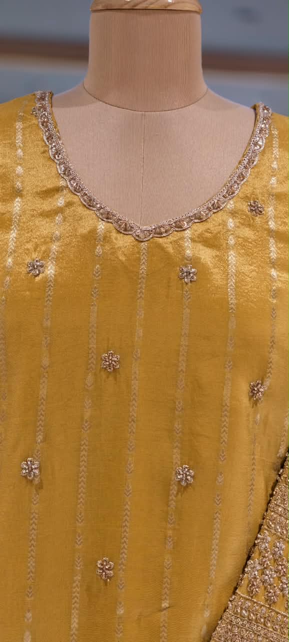 Mustard Yellow Hand-Embroidered Stripe Short Kurta Set with Heavy Zari Border Wide Palazzos & Matching Potli Bag- 16861