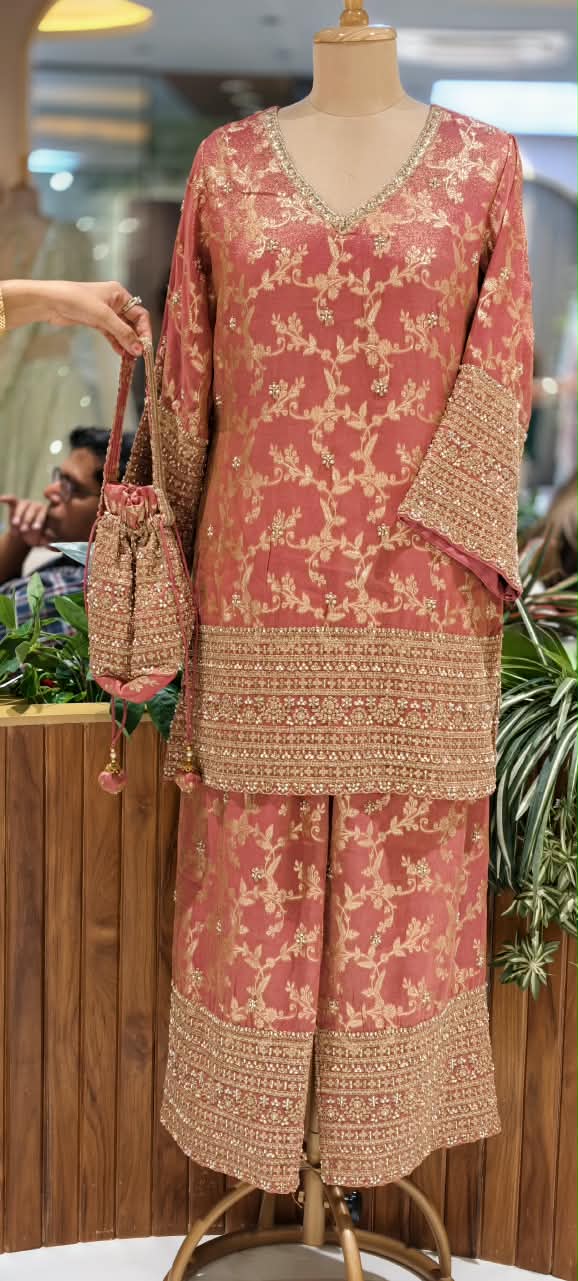 Dusty Rose Coral Pink Floral Printed Kurta Set with Zari & Sequins Embroidered Hemline, Palazzo Pants & Potli Bag- 16862