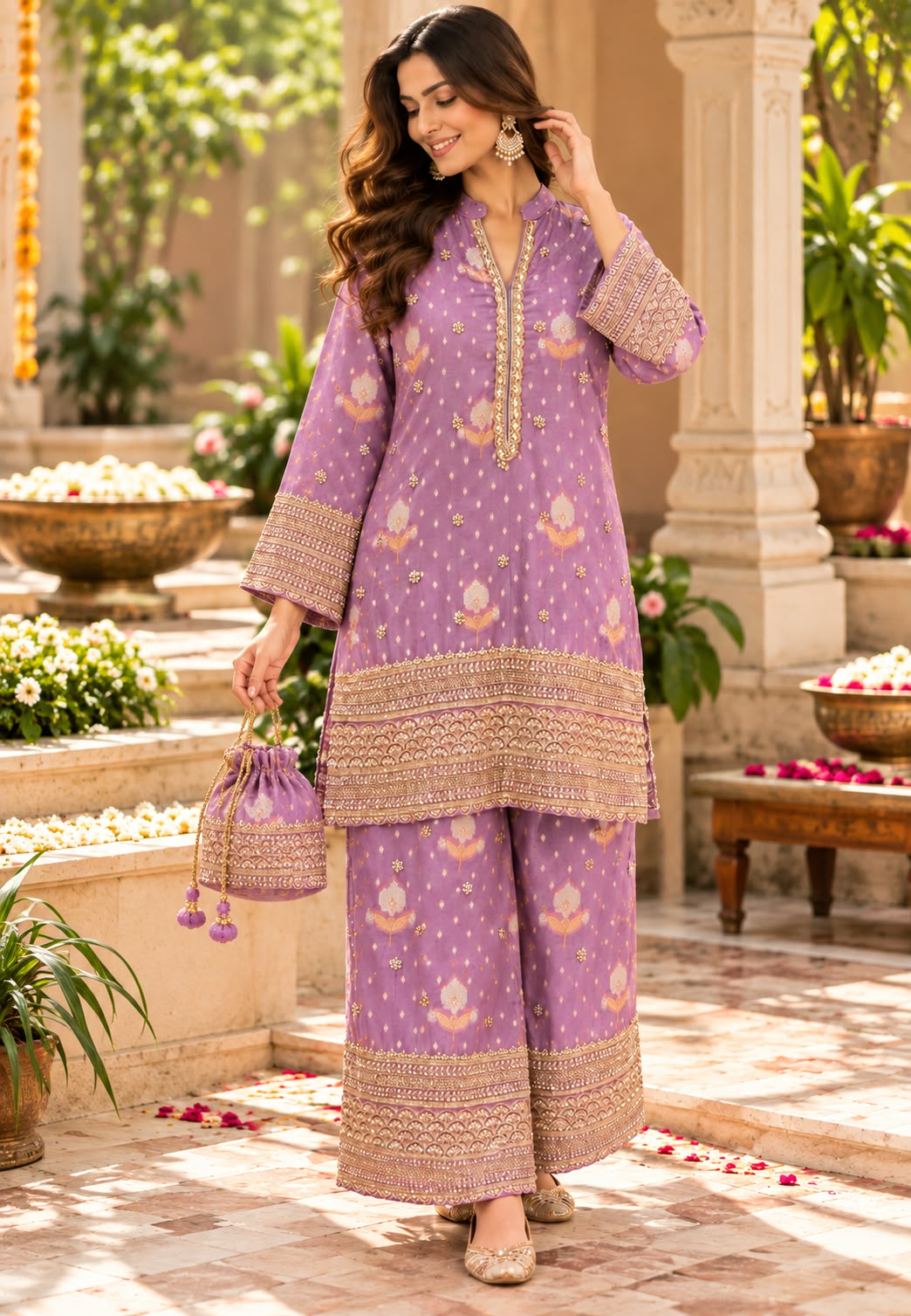 Lavender Lilac Embroidered Short Kurta Set with Gold Threadwork Borders, Flared Palazzo Pants & Matching Potli Bag- 16865